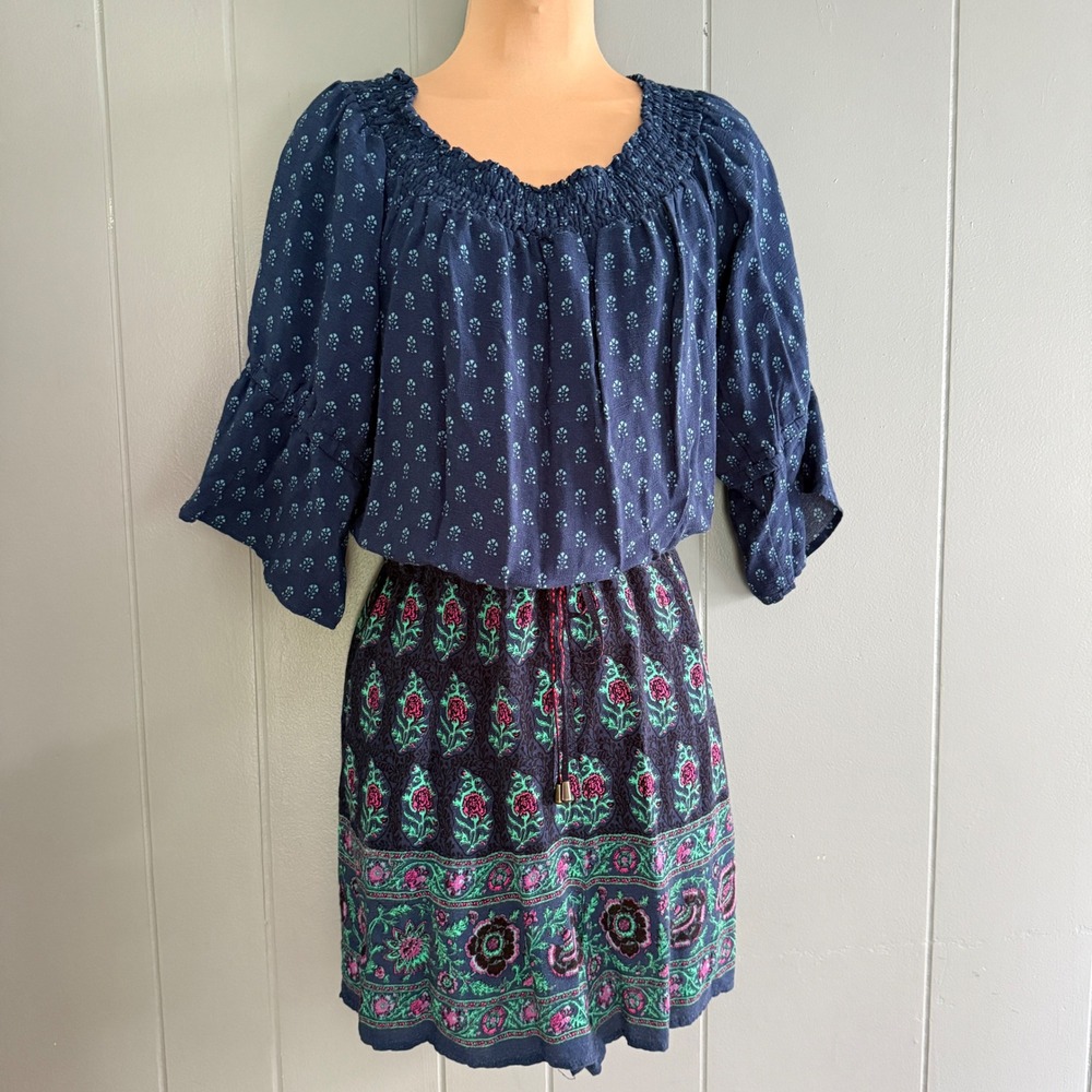 Anthropologie Entwine Womens‎ L Boho Romper Navy Block Print Smocked Bell Sleeve